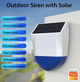 Safety Siren Alarm for home exterior, Remote control, Solar/USB/Battery powered, Bluetooth/Wifi connectivity